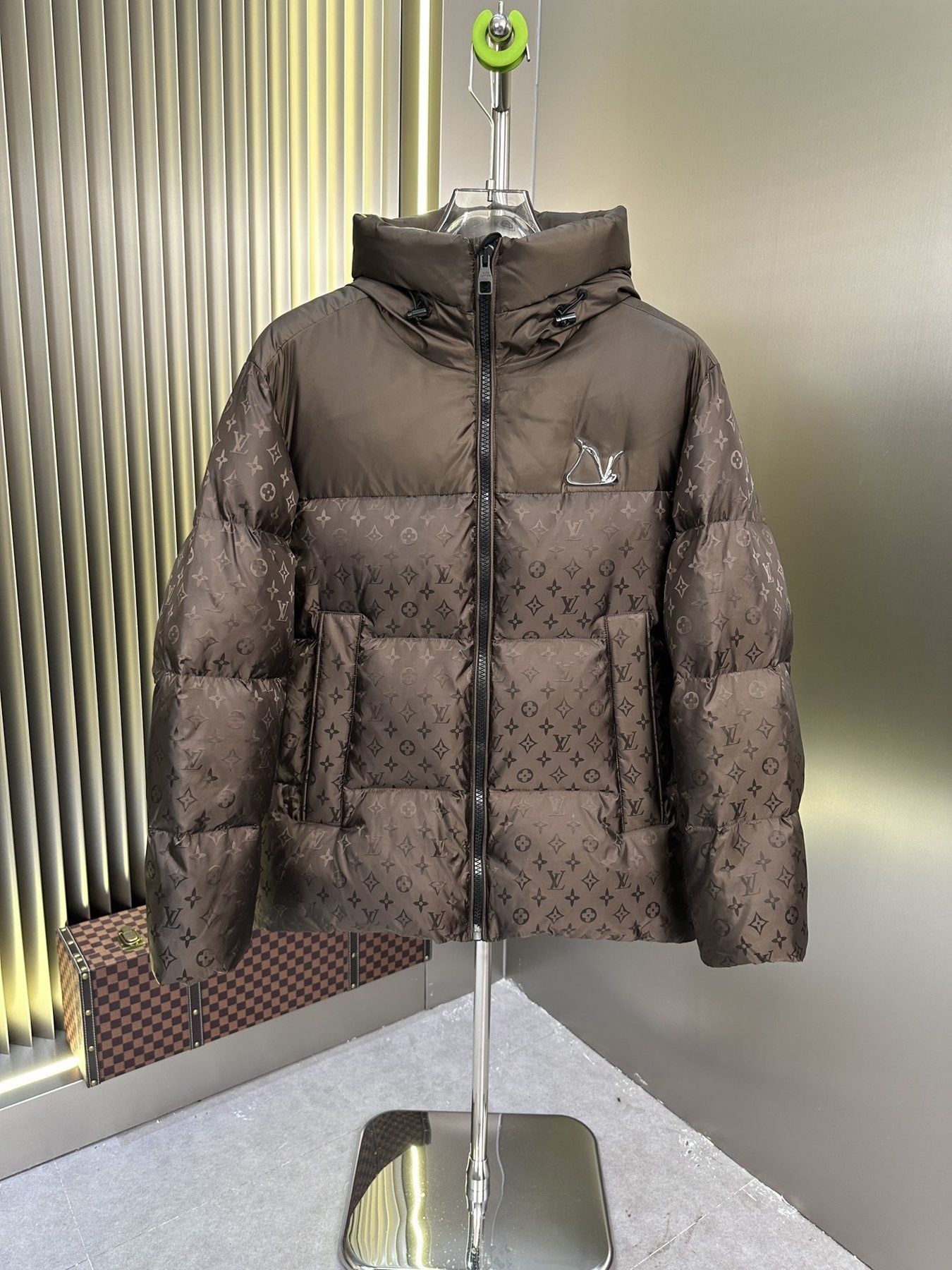 LV Hooded Monogram-Panel Puffer Coat — front