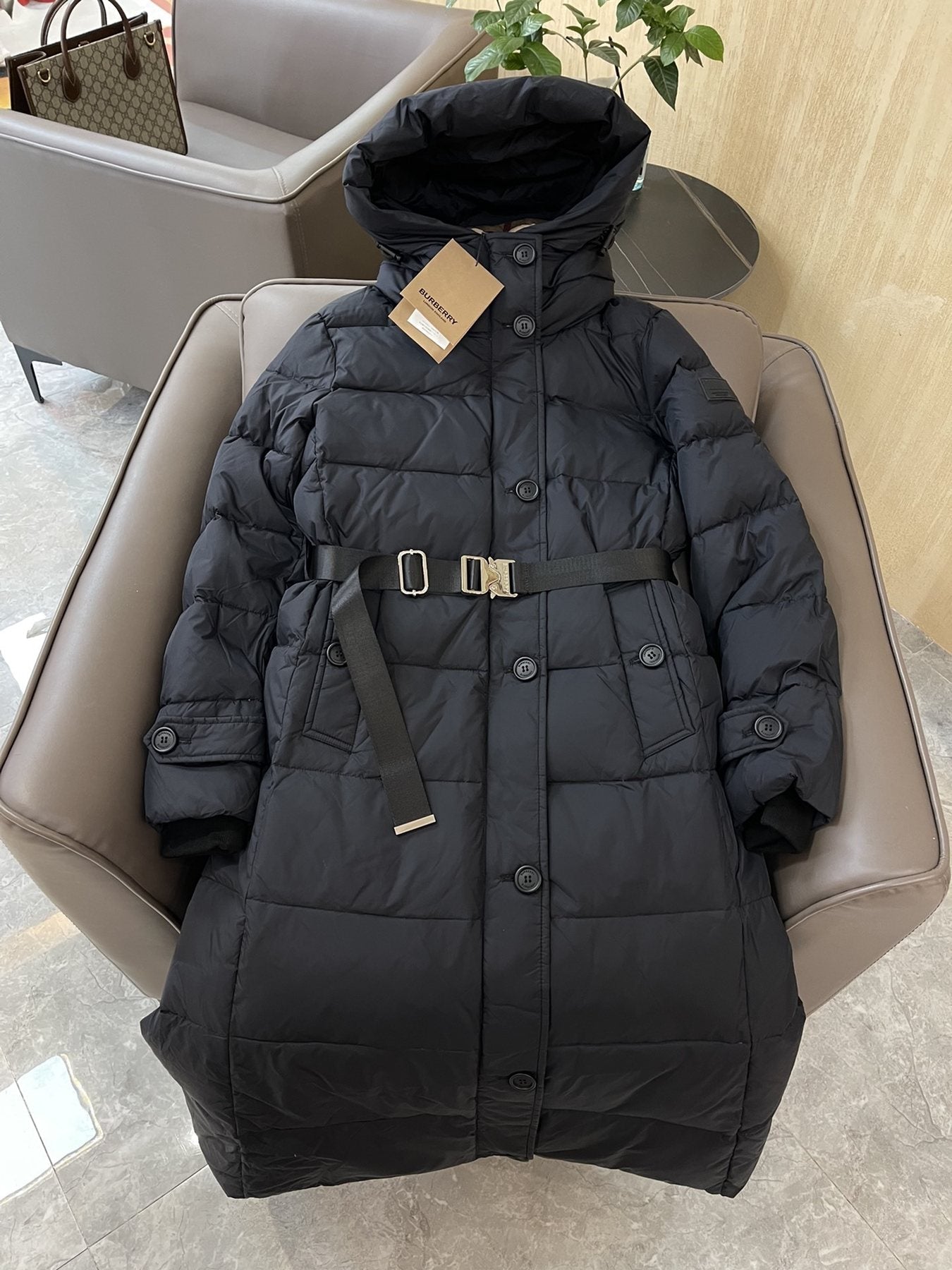 Burberry Belted Hooded Long Puffer Jacket — front