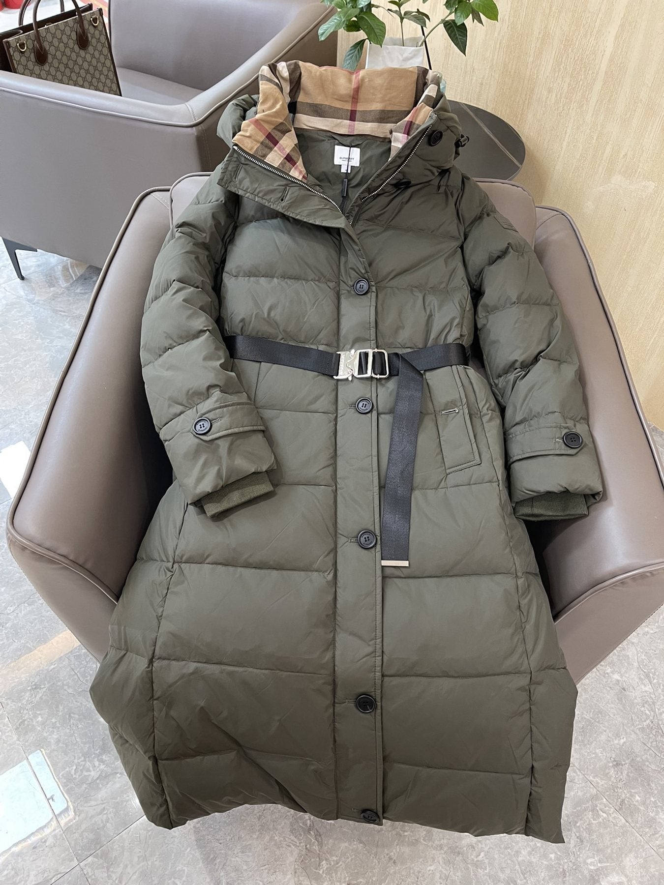 Burberry Belted Hooded Long Puffer Jacket — front