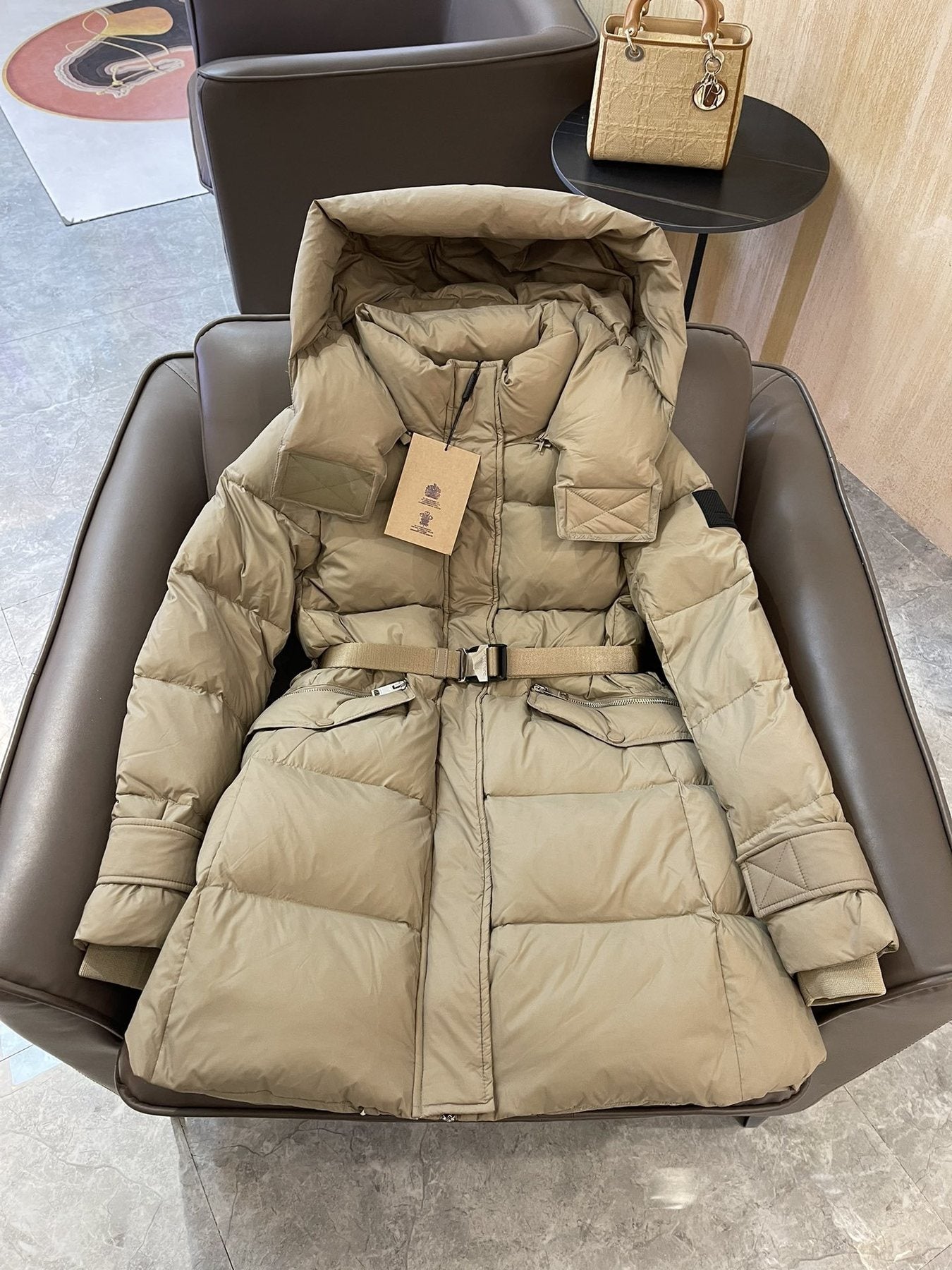 Burberry Belted Hooded Long Down Jacket — front