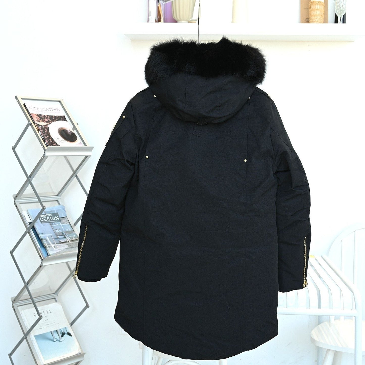 Moose Knuckles Men's Black Fur-Trim Hood Long Parka — back