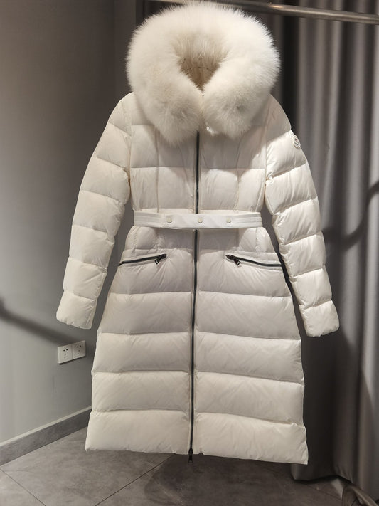 Moncler Long Belted Fur-Trim Hooded Down Coat — hero