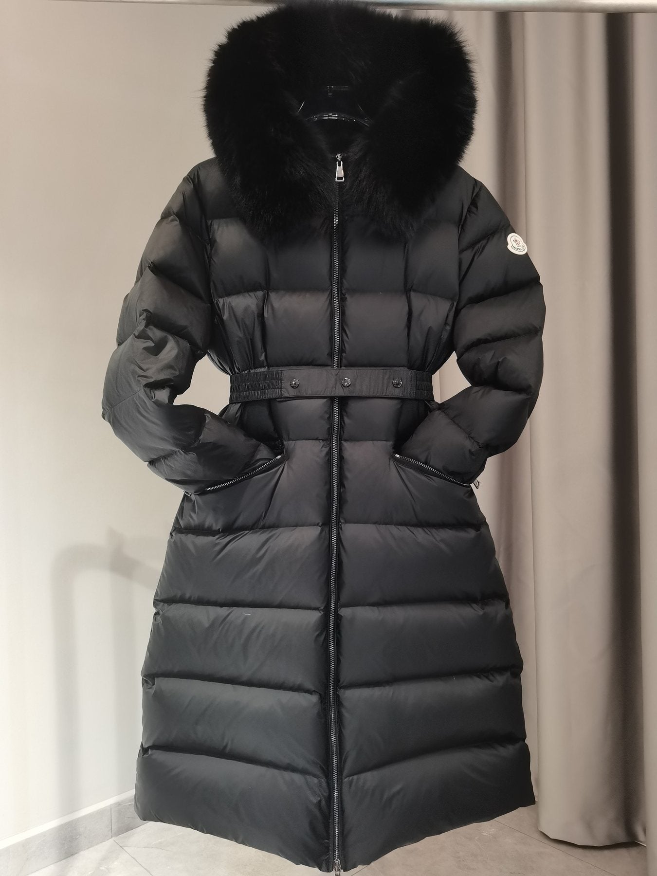 Moncler Long Belted Fur-Trim Hooded Down Coat — front