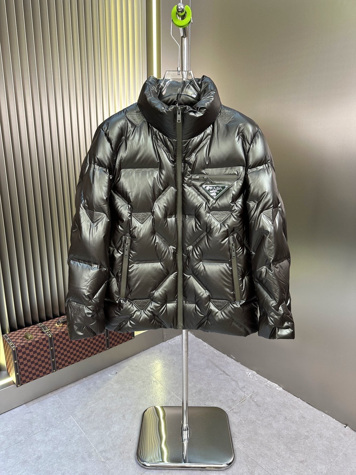Prada Glossy Diagonal-Quilt Puffer Jacket — front