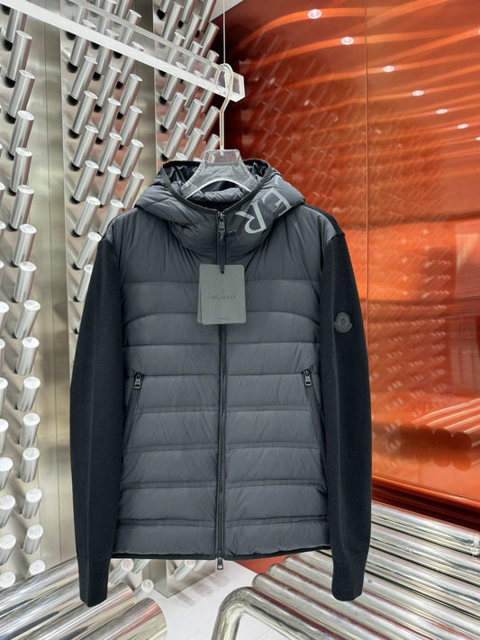 Moncler Grey Quilted Knit-Sleeve Hooded Puffer Jacket — hero
