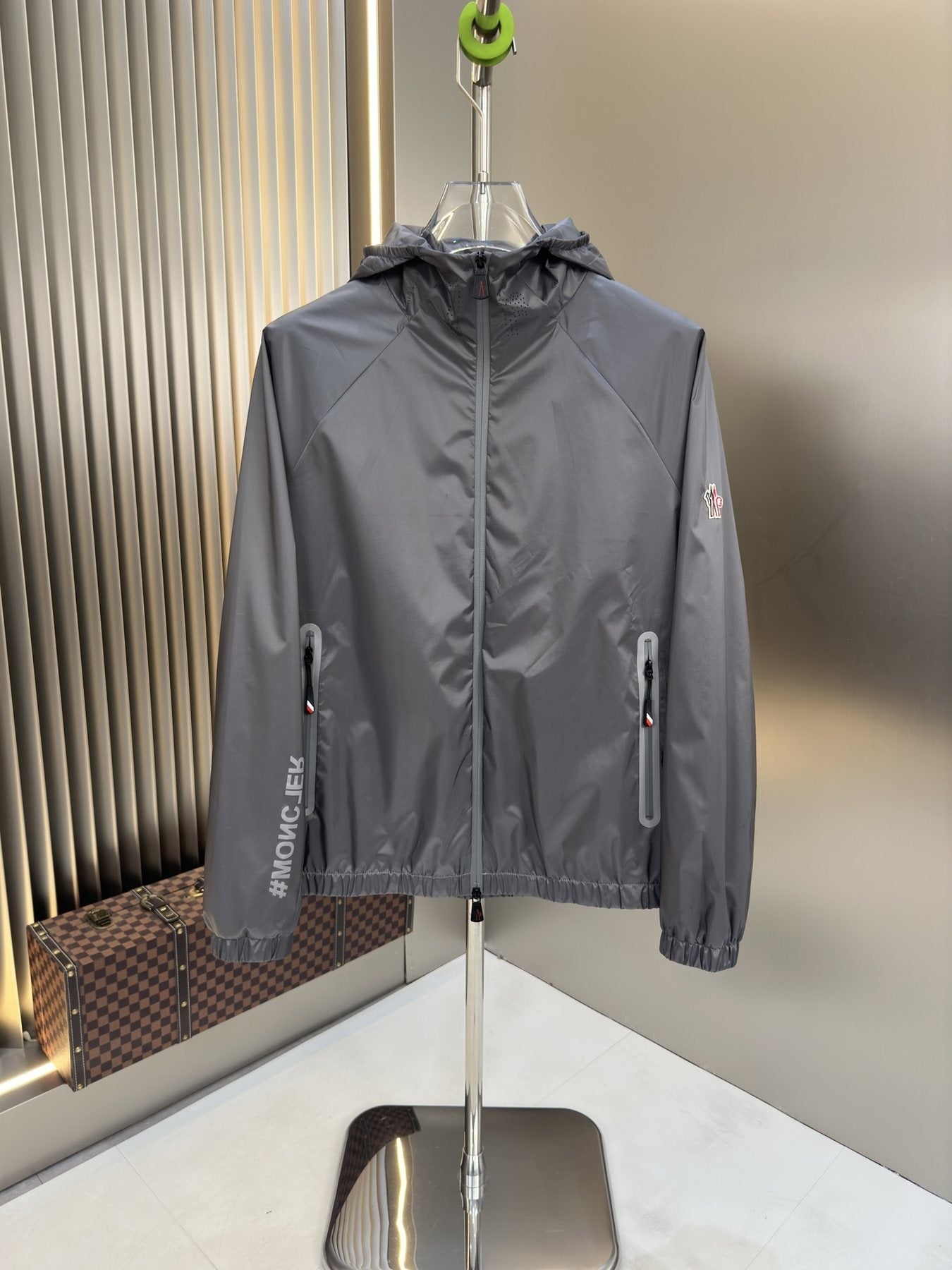 Moncler Hooded Zip-Front Jacket with Chest Emblem — front