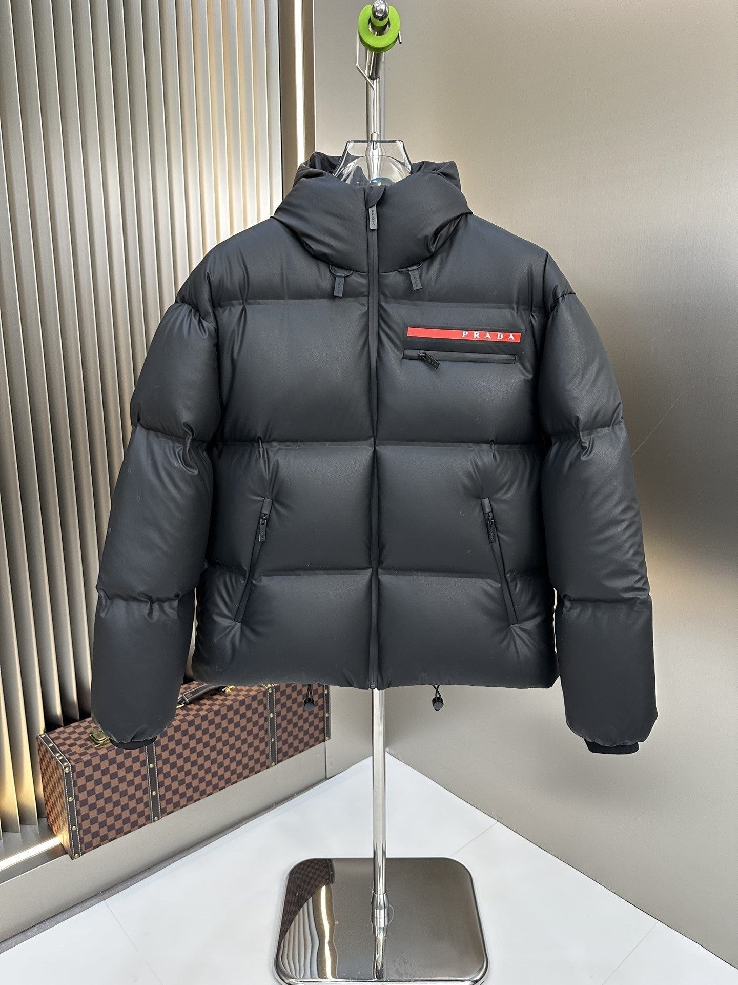 Prada Hooded Puffer Jacket with Red Chest Trim — hero