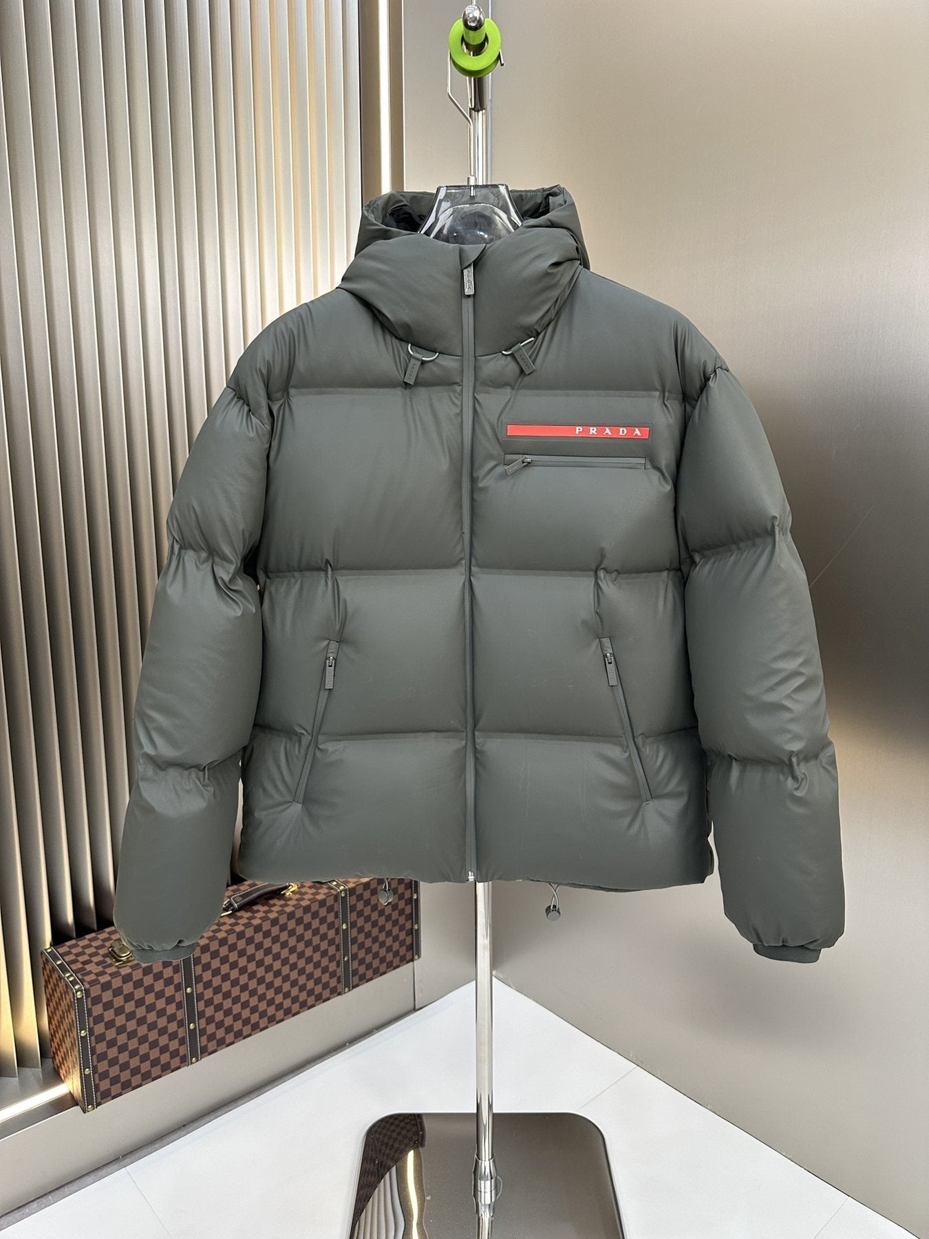 Prada Hooded Puffer Jacket with Red Chest Trim — front