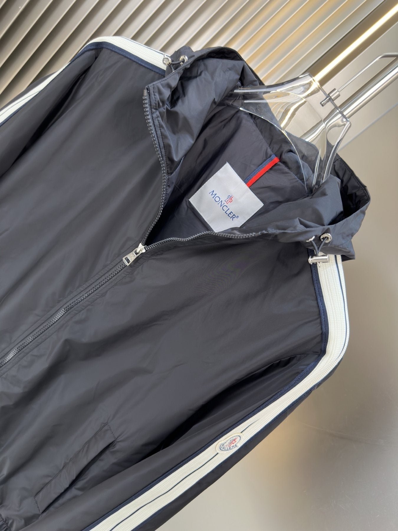 Moncler Contrast Sleeve Stripe Hooded Jacket — neck_label