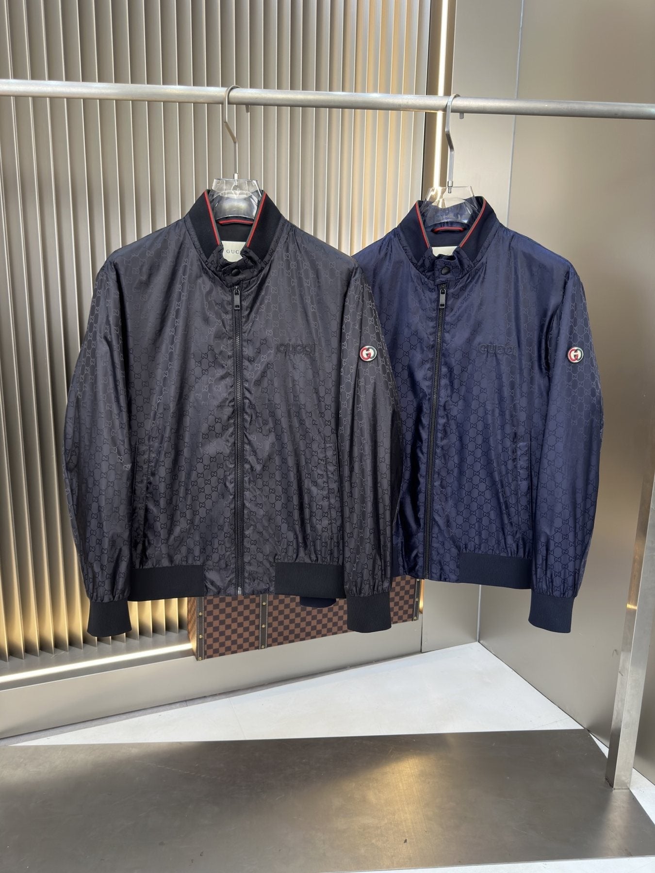 Gucci Tonal Monogram Zip-Front Bomber Jacket — comparison