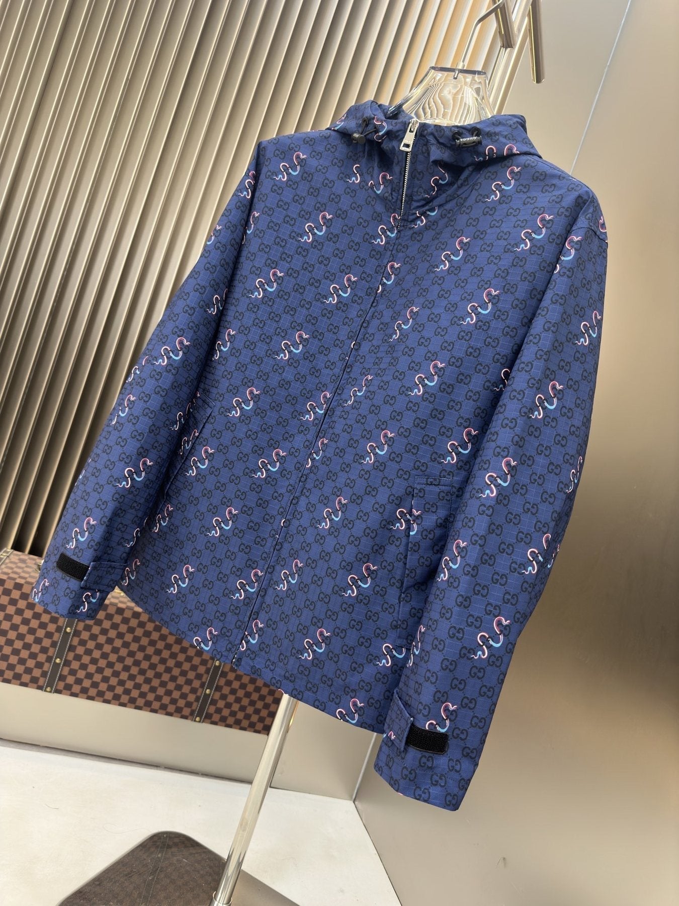 Gucci Blue Patterned Hooded Zip Jacket — front