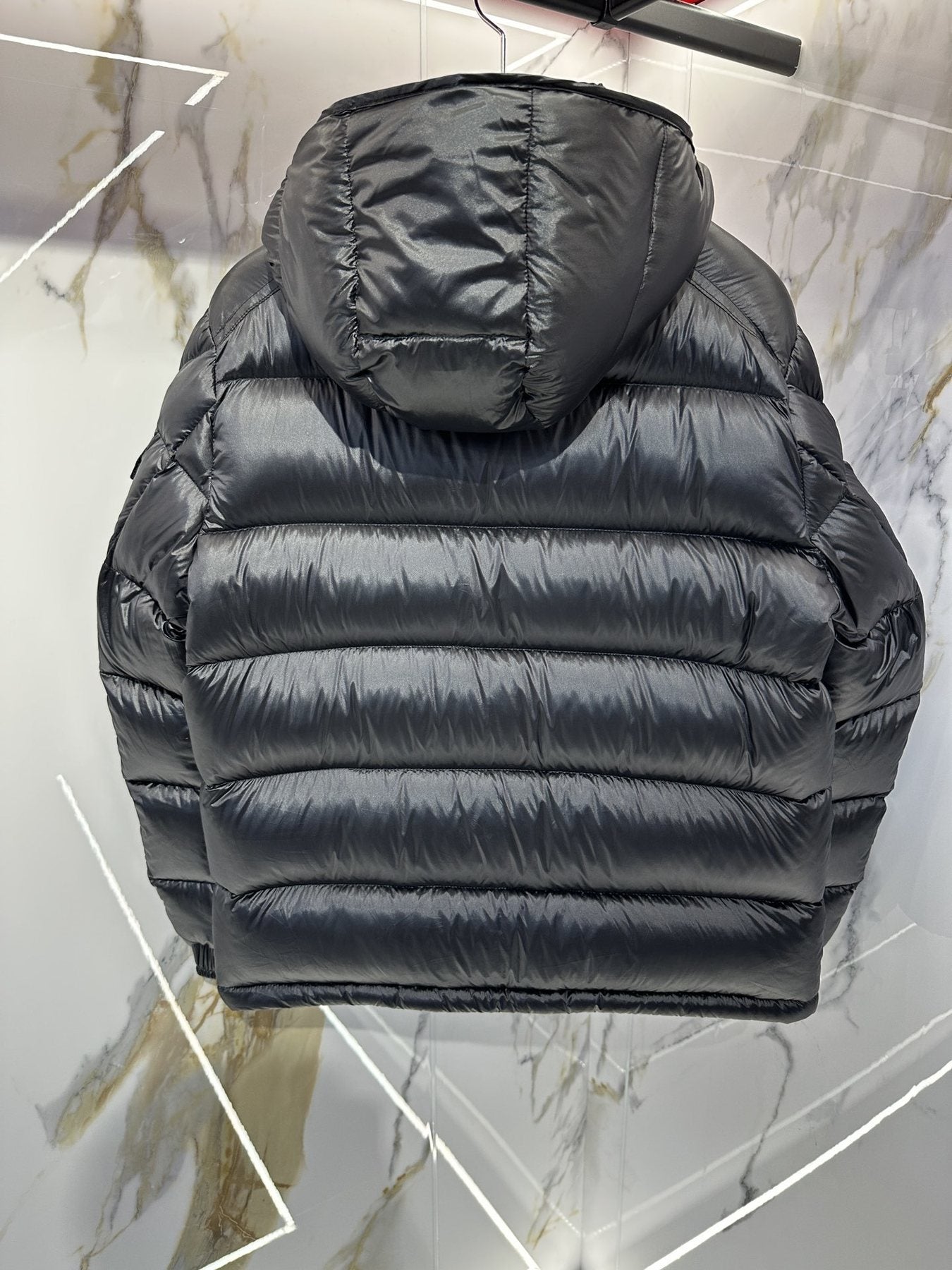 Moncler Black Glossy Hooded Puffer Coat — back