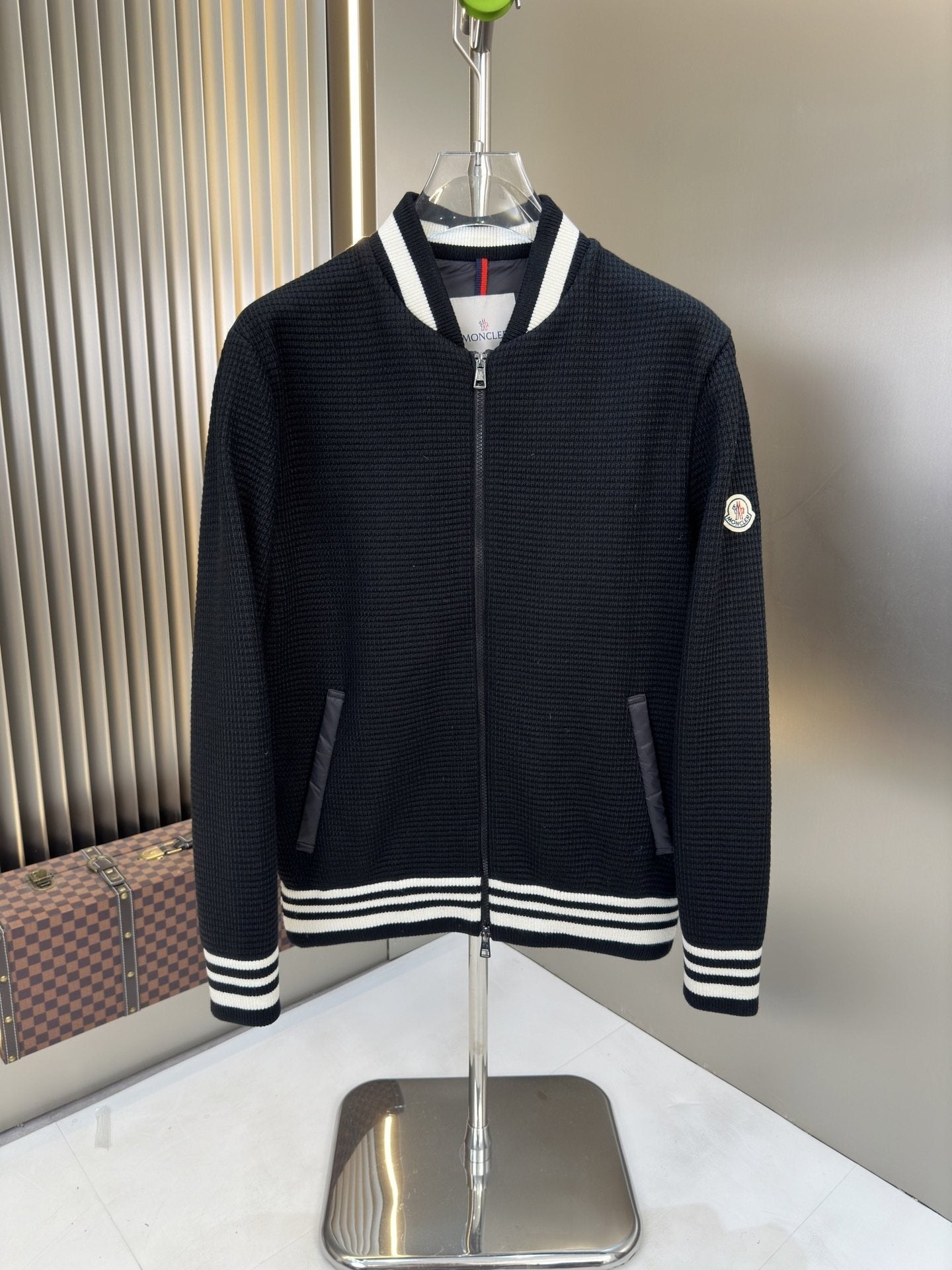 Moncler Black Striped-Trim Bomber Jacket — hero