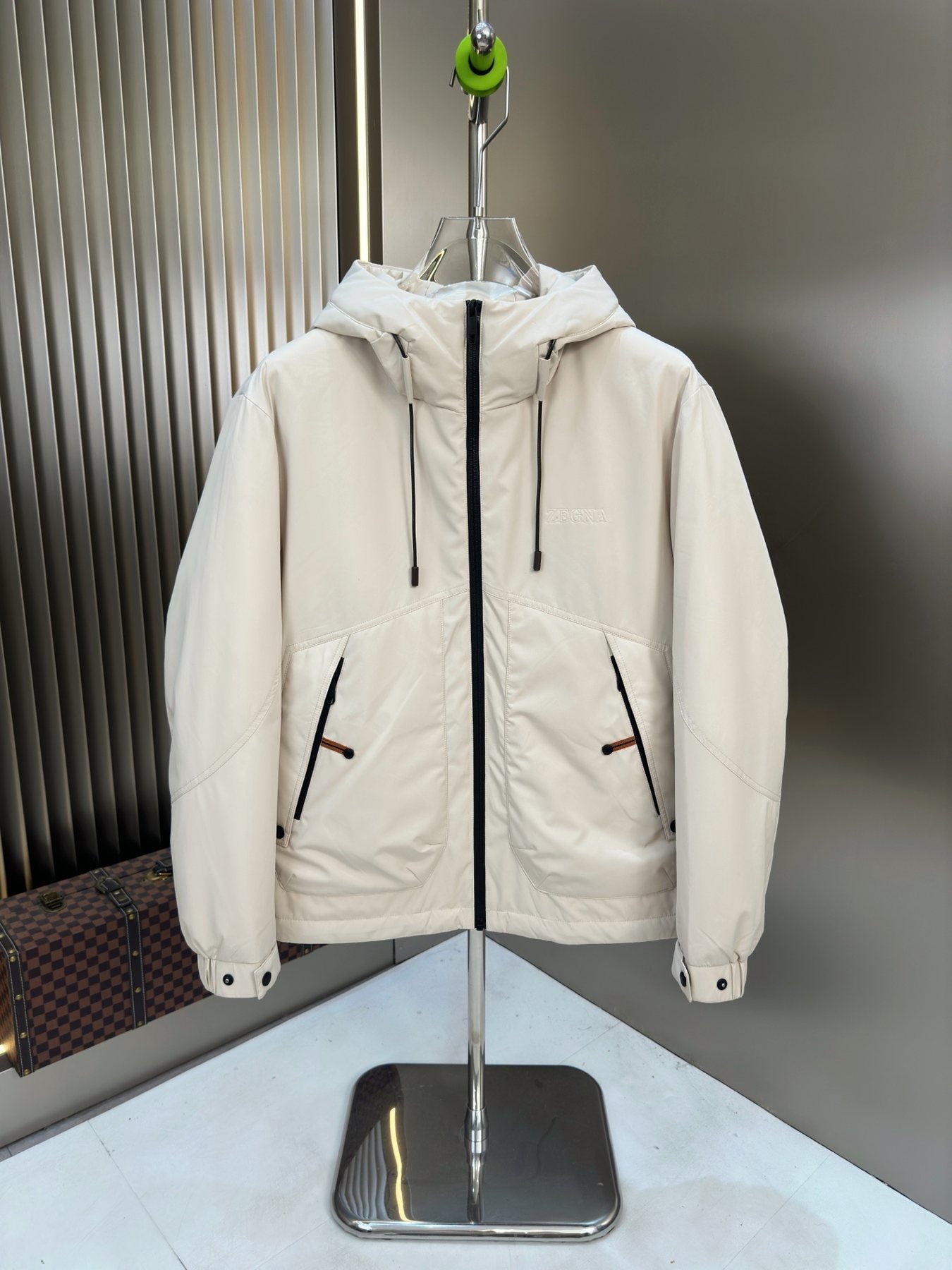 Zegna Hooded Puffer Coat with Orange Lining — front
