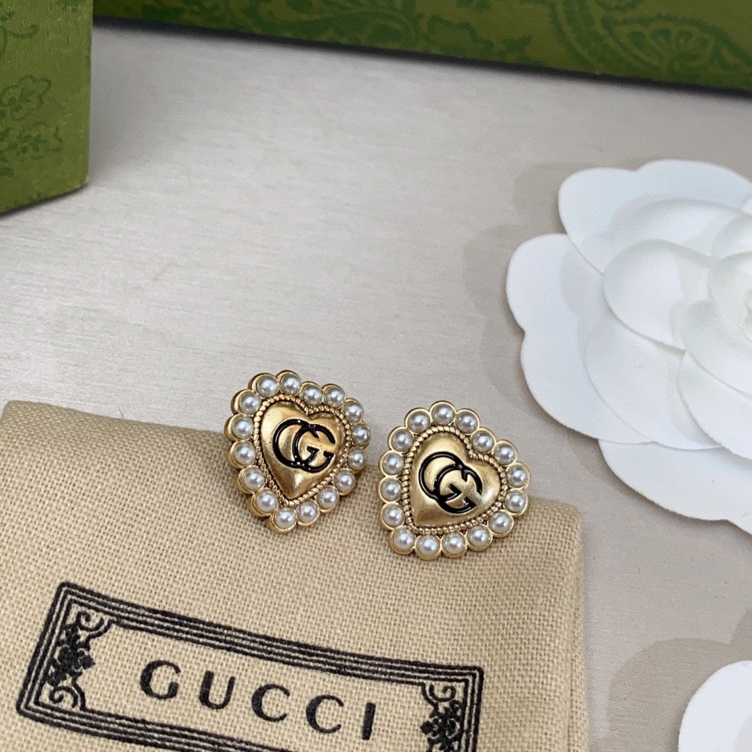18K Double Gucci Heart Pearl Earrings