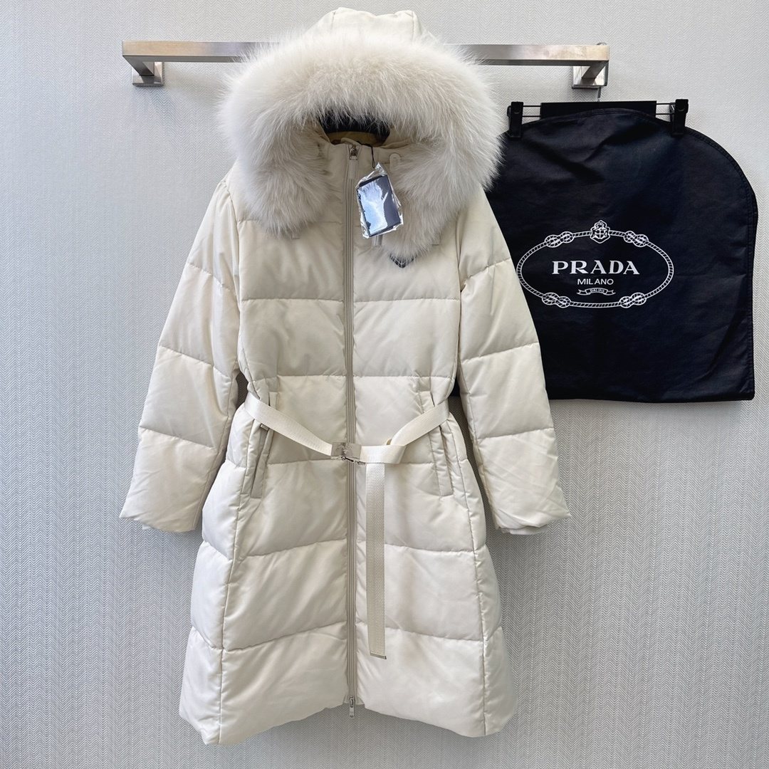 Prada Belted Fur-Trim Hood Long Down Jacket — front