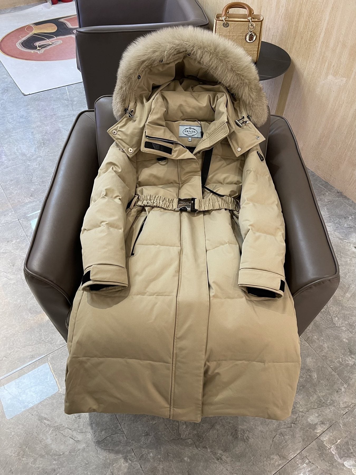 Prada Belted Fur-Trim Hood Long Down Jacket — front